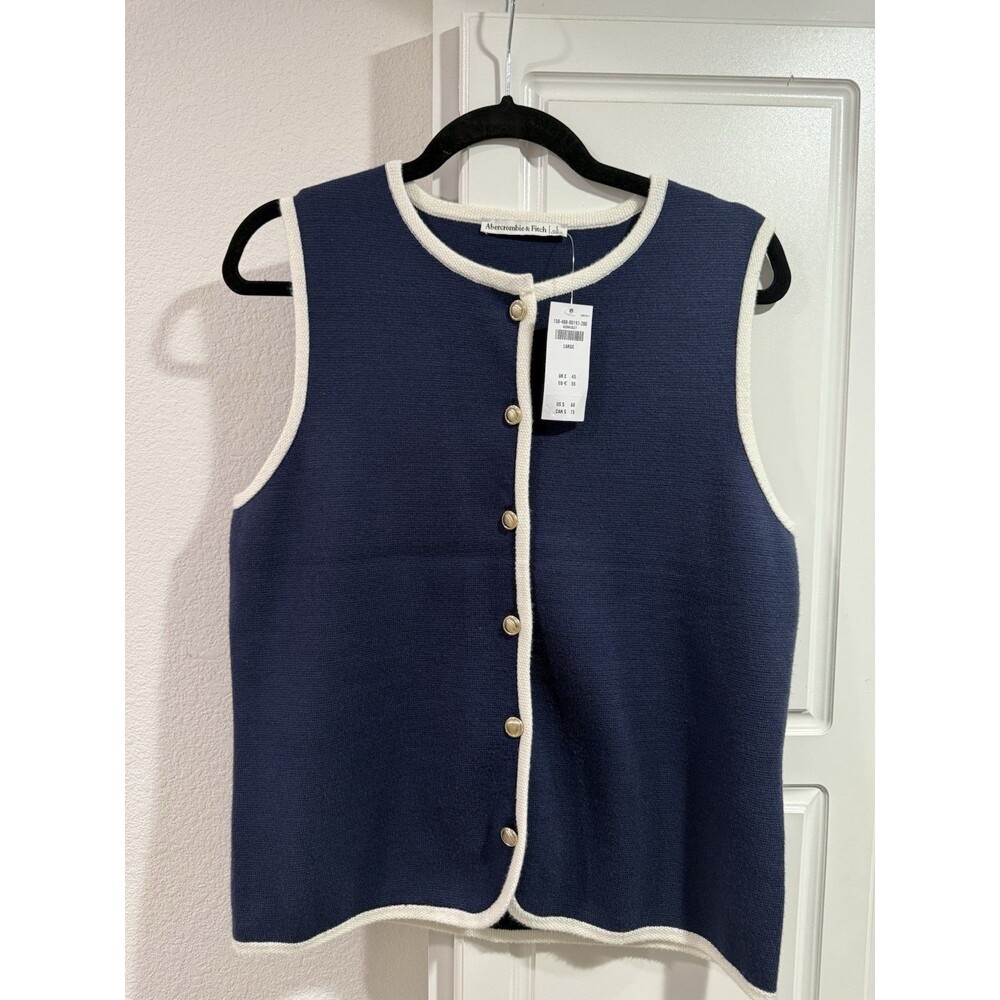 Abercrombie Fitch Knit Vest Top Sleeveless Navy Blue White Gold Buttons Large